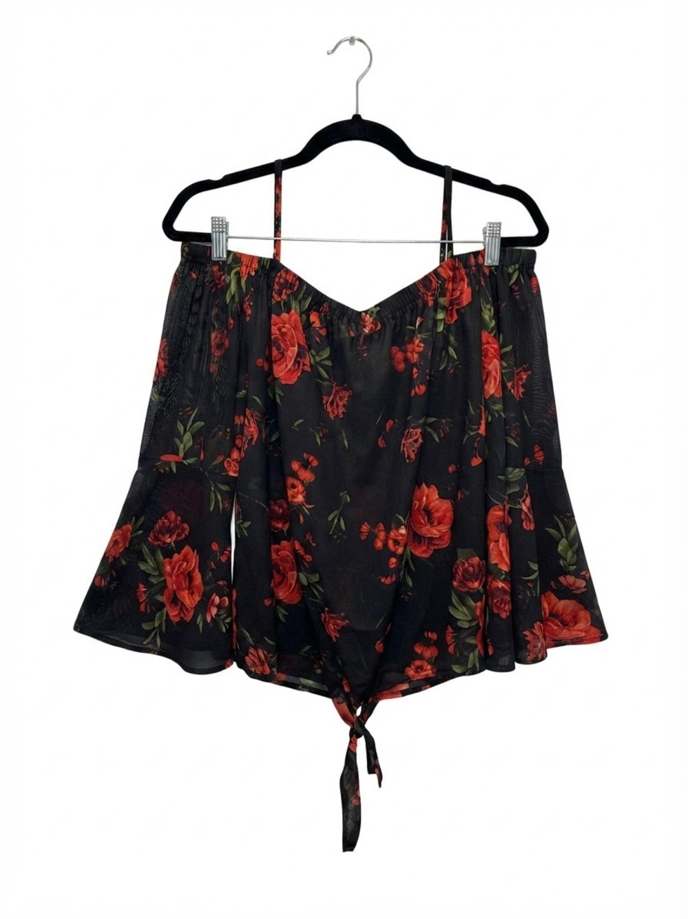 IVY Rose Women’s Black Floral Tie-Front Off-Shoulder Top Size 1X